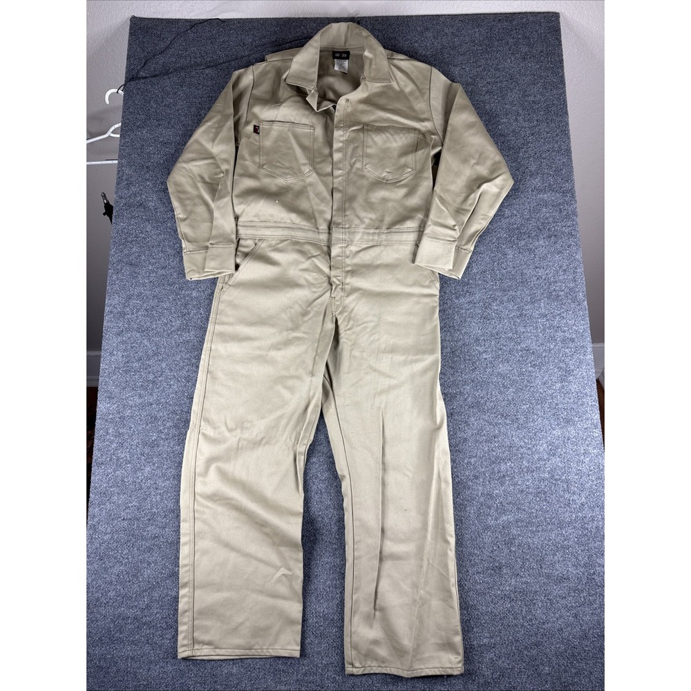 Saf-Tech Khaki Flame Resistant HRC 2 Workwear Uniform Zipped Coveralls Sz L EUC
